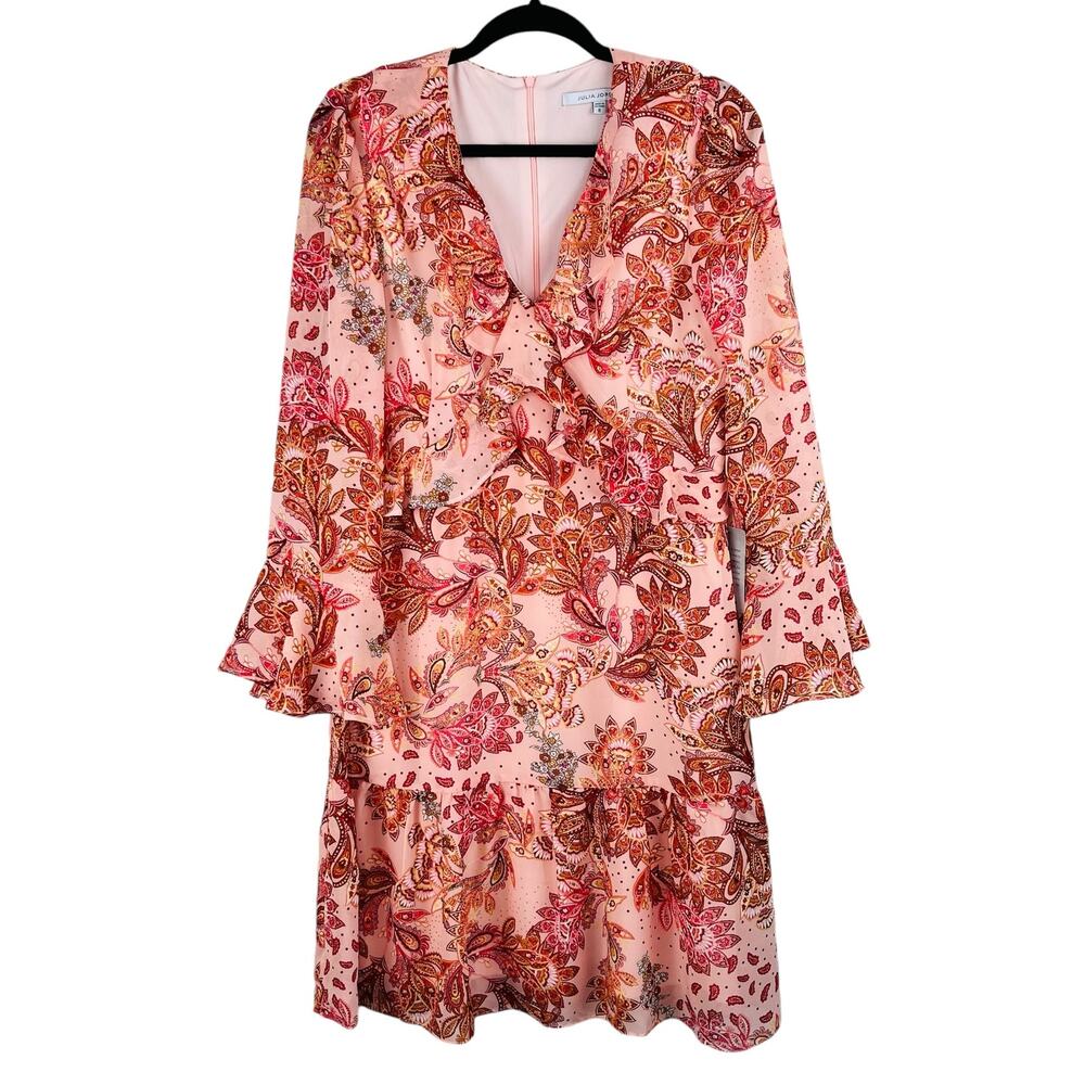 Julia Jordan Ruffled Flounce Bell Sleeve Floral Paisley Pink Dress 10 NWT